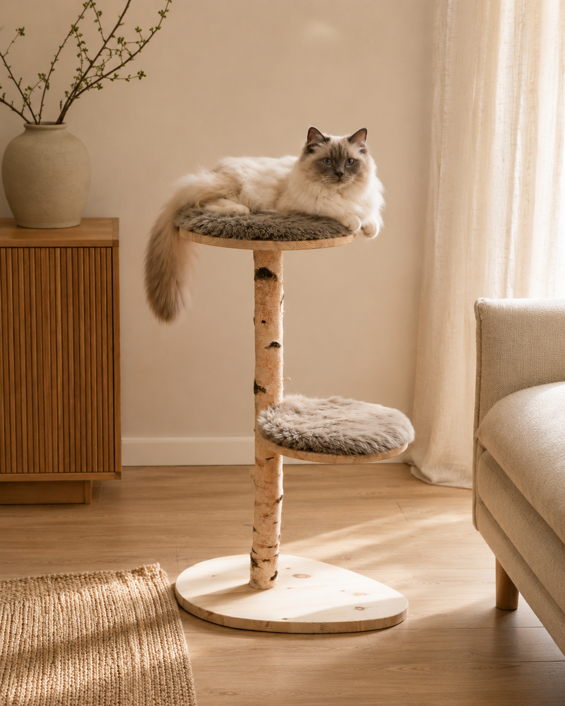 Wooden cat tree with house structure
