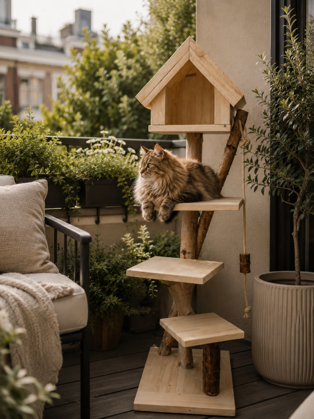 Wooden cat tree on balcony