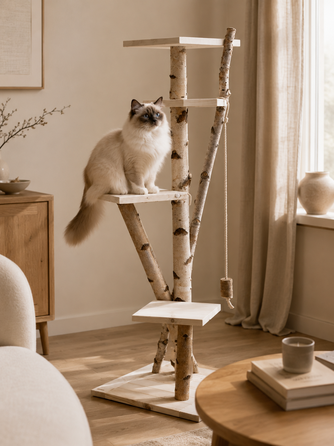 Natural wood cat wall shelf